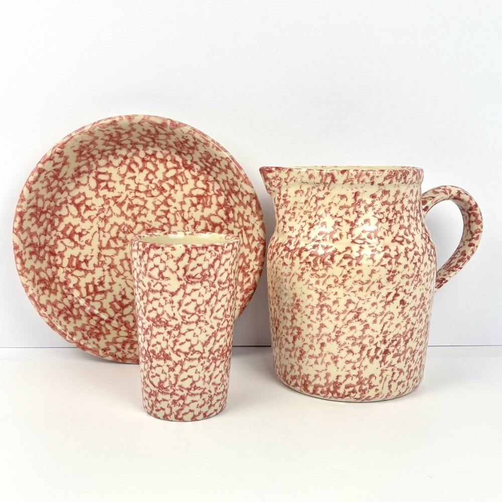 Roseville Cranberry Rose Pink Spongeware 3 Piece Set Pitcher, Pie Plate & Cup